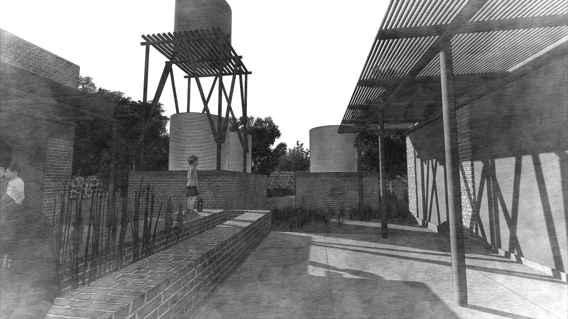 Off-Grid House Prieska — courtyard render with water tanks and pergola